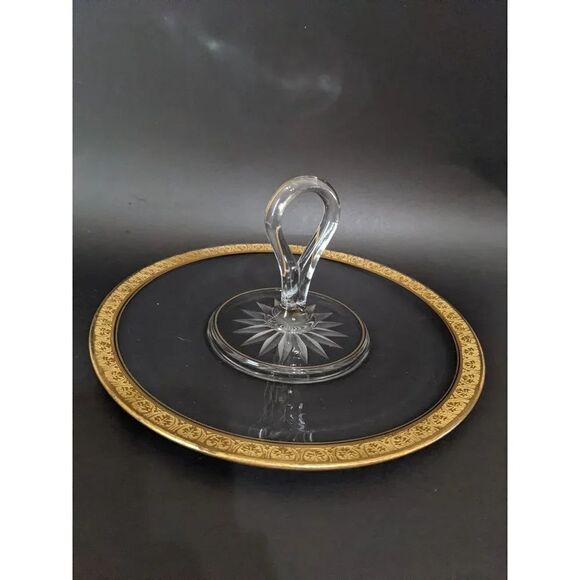 Vintage serving tray clear  glass gold trim handle   tidbit candy entertaining - Picture 6 of 10